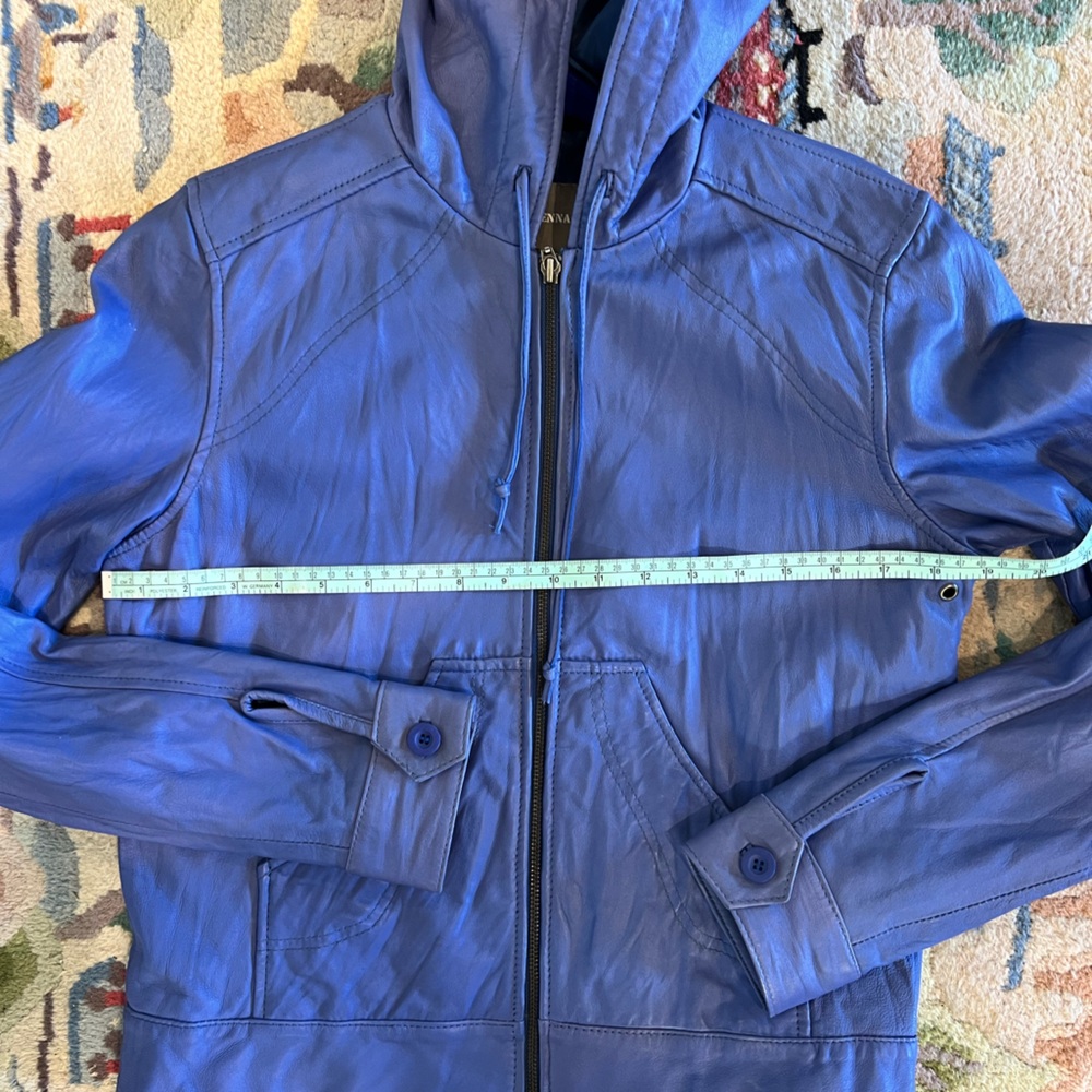 Kenna-T blue leather moto jacket with hood L - Picture 9 of 12